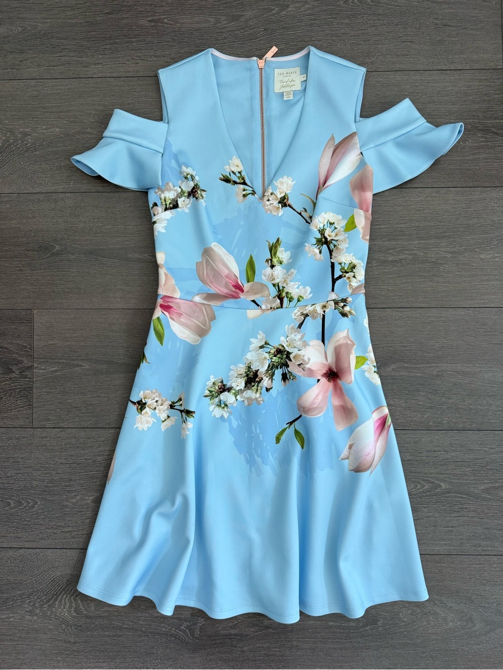 Ted Baker Light Blue Floral Fit & Flare Dress size 1 XS wedding party designer